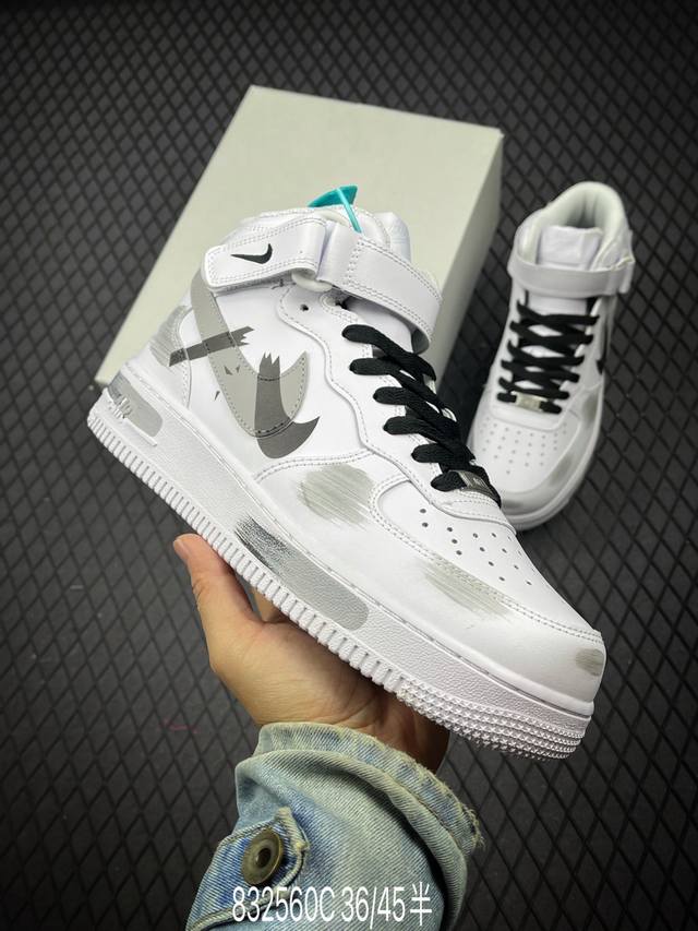 Nk Air Force 1'07 Mid 白灰黑色 手绘断裂 三勾阴影 空军一号绑带中帮休闲板鞋 CW2289-111 #定制皮料 原厂3D打印 定制鞋盒 原