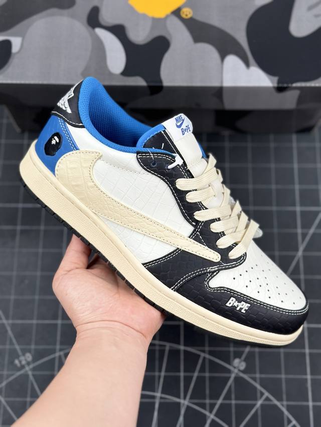 Travis Scott x Fragment Design x Air Jordan 1 Low OG SP AJ1 乔1 Bape联名-鳄鱼皮黑白蓝 低帮文