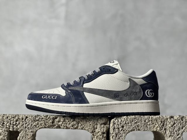 放店私 Travis Scott x Fragment Design x Air Jordan 1 Low OG SP AJ1 乔1 古驰联名-米白深蓝翻毛 低