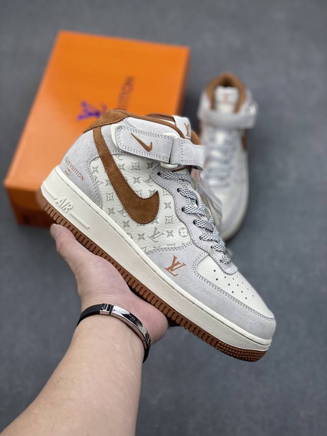 海外限量发售！公司级nike Air Force 1 '07 Low “Lv联名--米灰棕印花”空军一号 中帮 运动鞋 休闲鞋 折边针车 工艺难度大 原楦头原纸