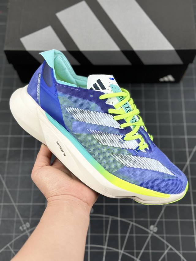 公司级adidas Adizero Adios Pro 3 M马拉松飞线贾卡轻质透气休闲运动跑步鞋 采用双层透气网纱 Flywire动态飞线绑缚鞋面材质 内置z