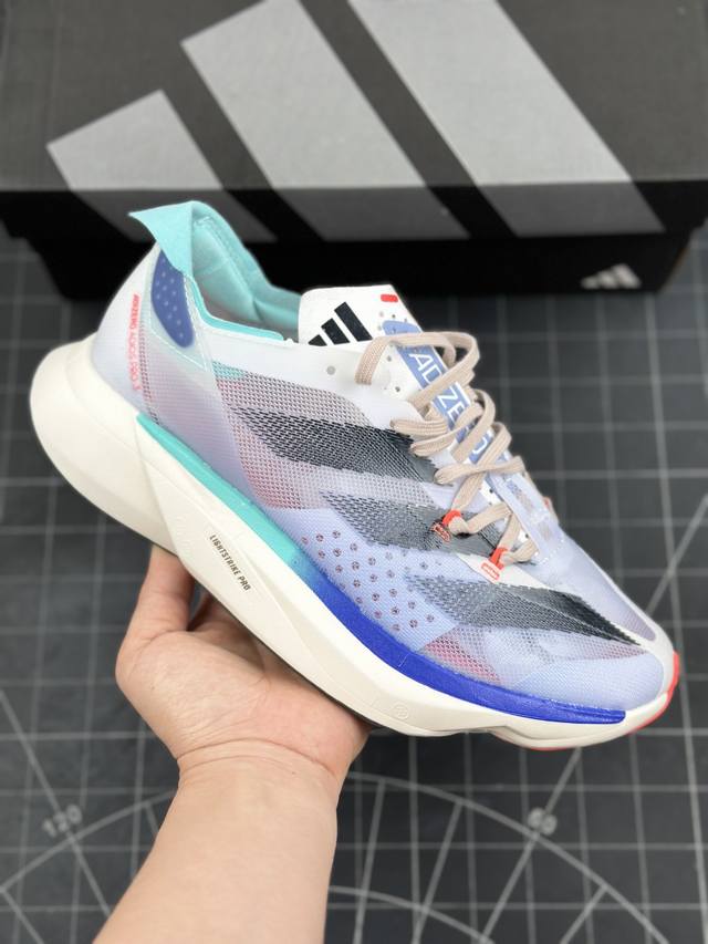 公司级adidas Adizero Adios Pro 3 M马拉松飞线贾卡轻质透气休闲运动跑步鞋 采用双层透气网纱 Flywire动态飞线绑缚鞋面材质 内置z