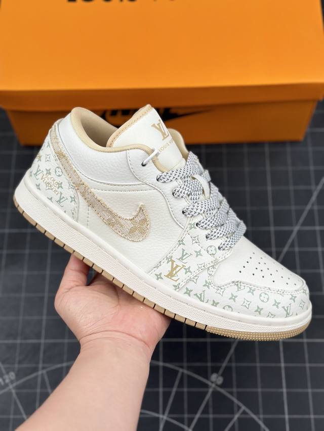 公司级 Nike Jordan Air Jordan 1“Lv联名 印花卡其” 高端定制 低帮 复古减震防滑耐板鞋 定制鞋盒 大厂纯原品质出货 超高清洁度 皮料