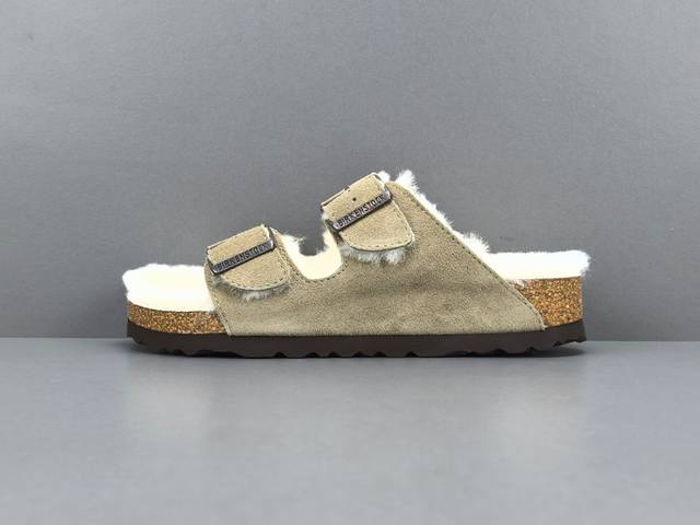 渠道优势，！ 外贸版 勃肯 Birkenstock 麂皮 柔软舒适厚底保暖百搭 一字拖鞋 女款 尺码 35 36 37 38 39 40 反毛皮牛皮绒面，羊毛内