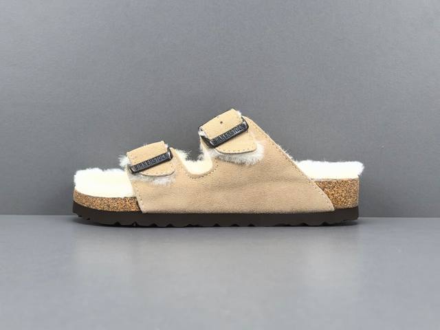 渠道优势，！ 外贸版 勃肯 Birkenstock 麂皮 柔软舒适厚底保暖百搭 一字拖鞋 女款 尺码 35 36 37 38 39 40 反毛皮牛皮绒面，羊毛内