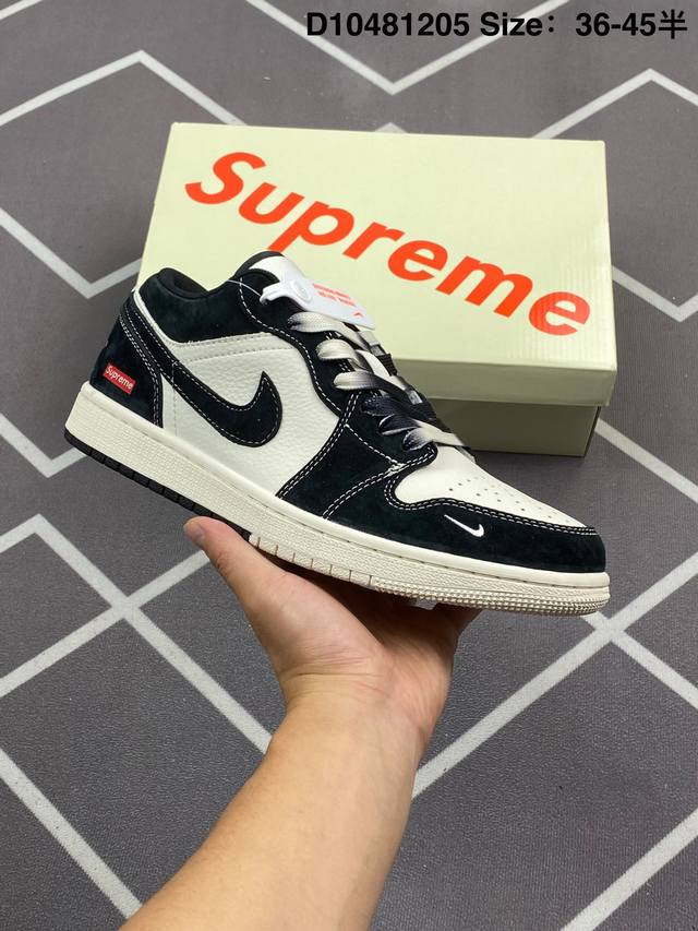 Air Jordan 1 Retro Low X Stussy 斯图西联名-白深灰黑勾 定制配色 原厂内置气垫魔块 A模大底 头层小牛皮 鞋舌Aj原厂专用牛津布