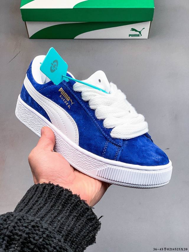 彪马Puma Suede Xl 全新休闲板鞋！鞋身通体采用细腻的麂皮材质，厚实柔软，质感出众；鞋侧保留Puma标志性跑道图案，侧面与后跟点缀金属色Puma Lo