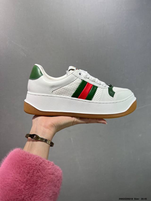公司级意大利时装奢饰品牌 古驰Gucci Screener Gg Wayne Low 韦恩溶解系列经典原型复古百搭做旧老爹厚底增高板鞋“皮革米白绿红Gg木纹”4