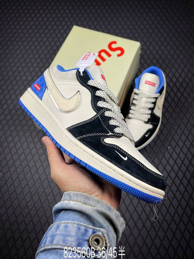 B Air Jordan 1 Low Aj1 乔1 Supreme联名 复古黑蓝 高端定制 低帮复古篮球鞋 #定制鞋盒 大厂纯原品质出货 超高清洁度 皮料切割干